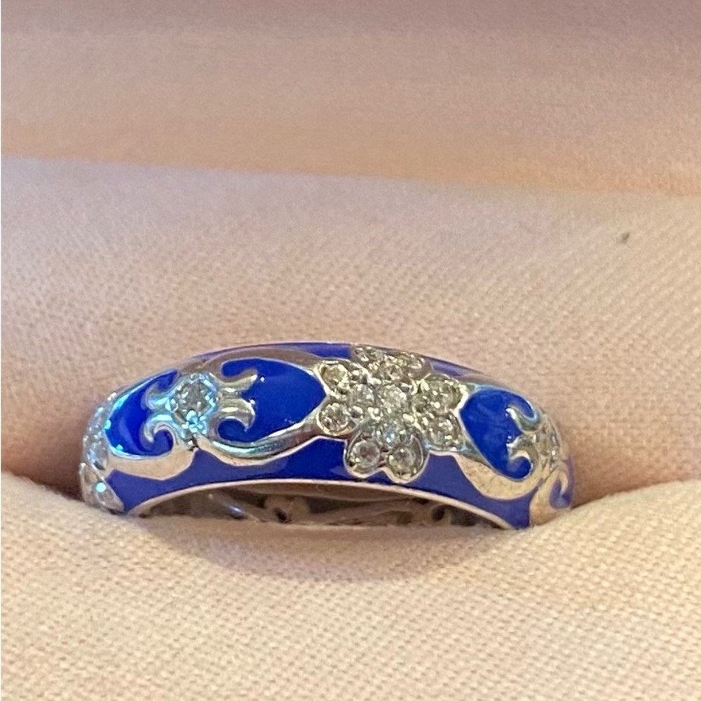 Hildalgo Beautiful Royal Blue Enamel & Cubic Zirconia Floral Ring Size 8